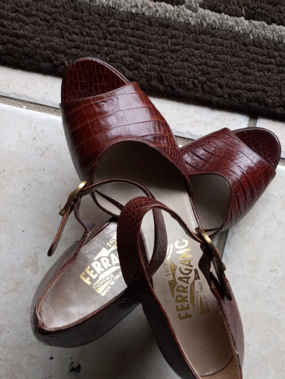 Salvatore Ferragamo Brown Croc-Embossed Open-Toe Slingback Heels